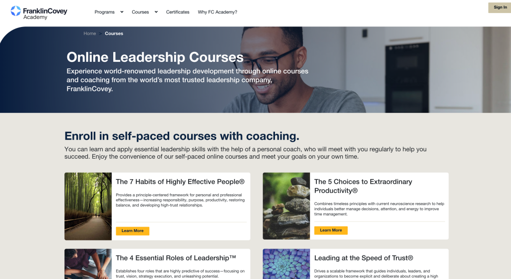 FranklinCovey Academy Course Page. Courses featuring leadership essentials, practical strategies, and key skills